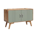 Moderne kast met groene deuren en houten poten