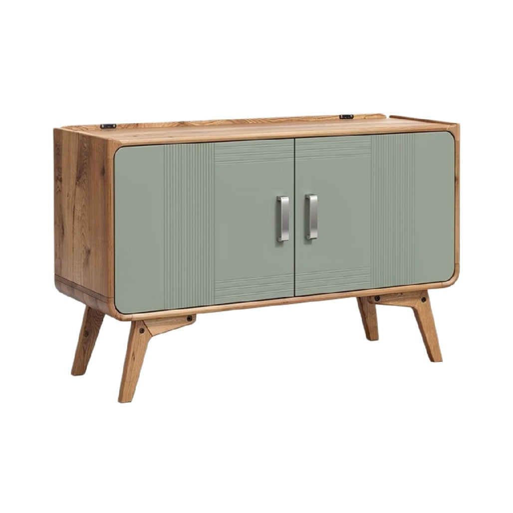 Moderne kast met groene deuren en houten poten
