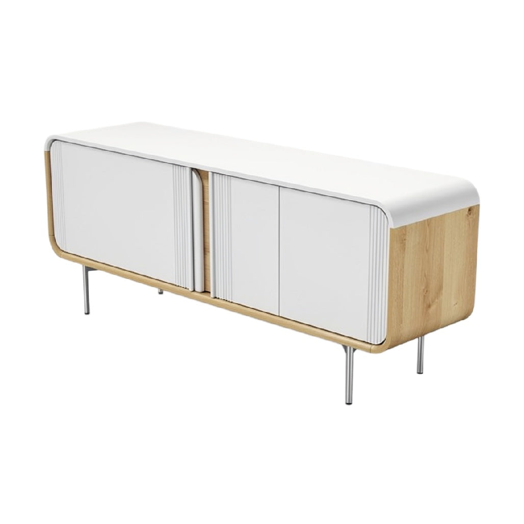 Moderne witte dressoir met houten onderstel en minimalistisch design